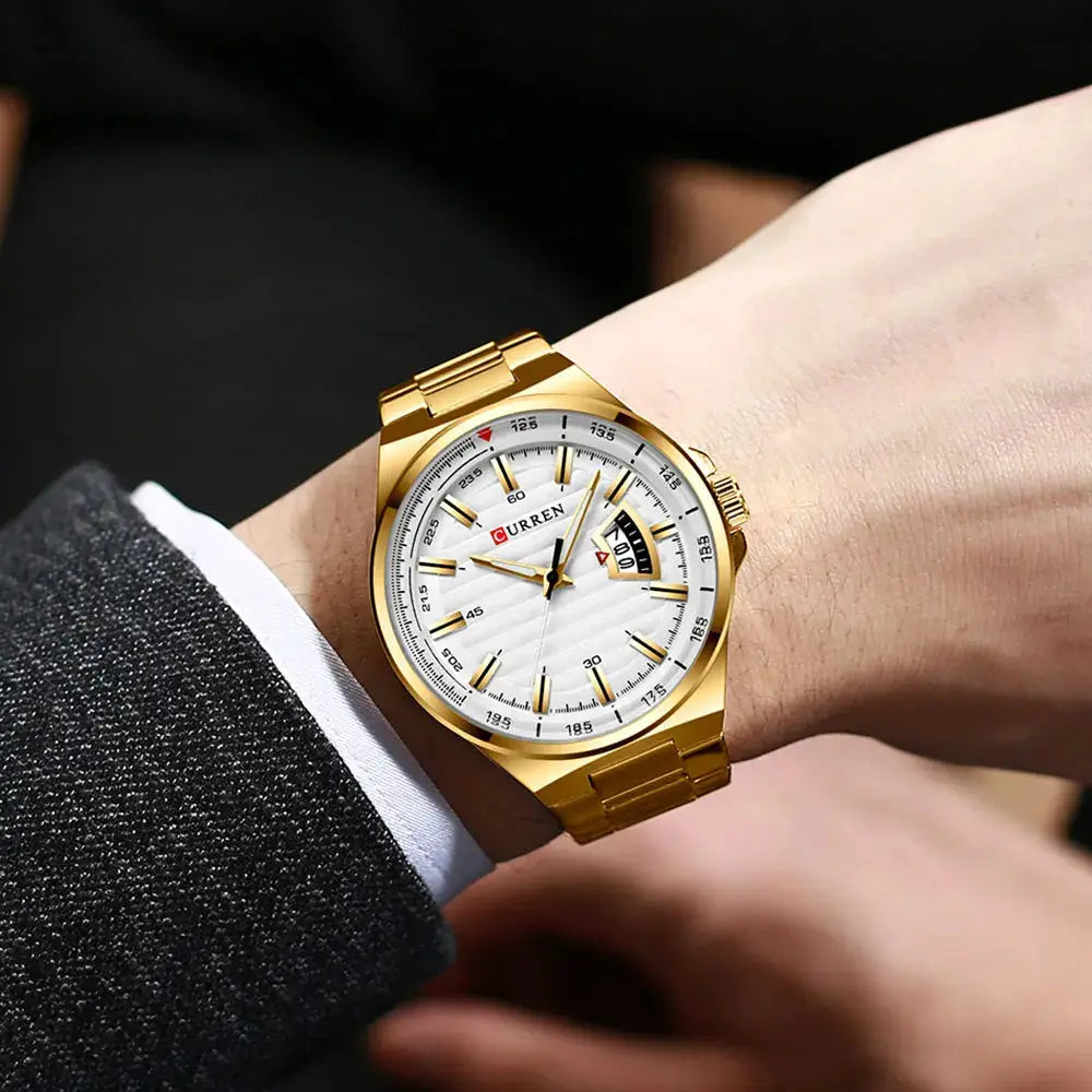 CURREN men's luxury watch with gold-tone stainless steel band, white dial, and date window.