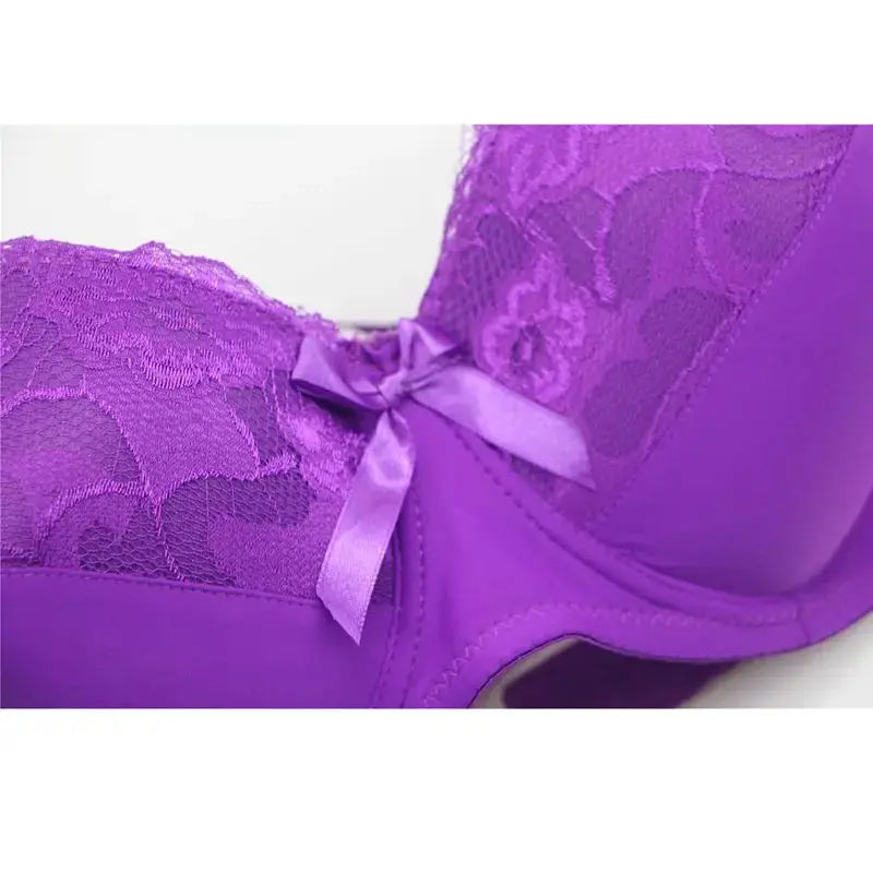 Purple lace push-up underwire bra with floral cups and satin bow by Simples Market
