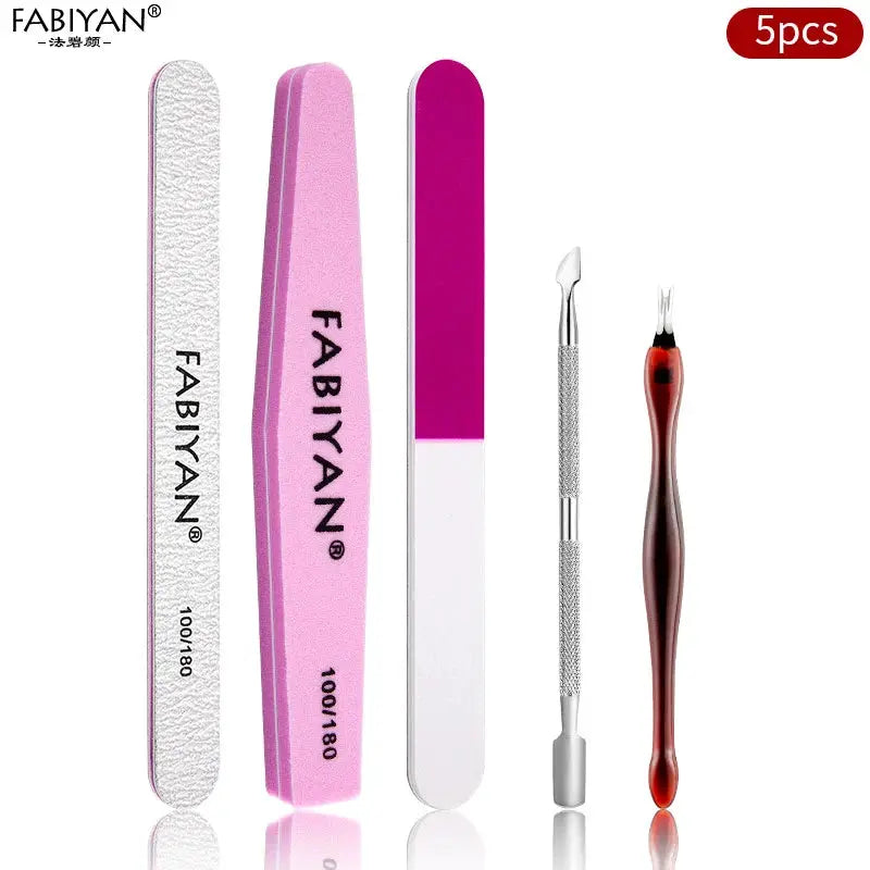 Five-piece manicure set with FABIYAN emery boards, pink buffer, and knurled metal cuticle tools