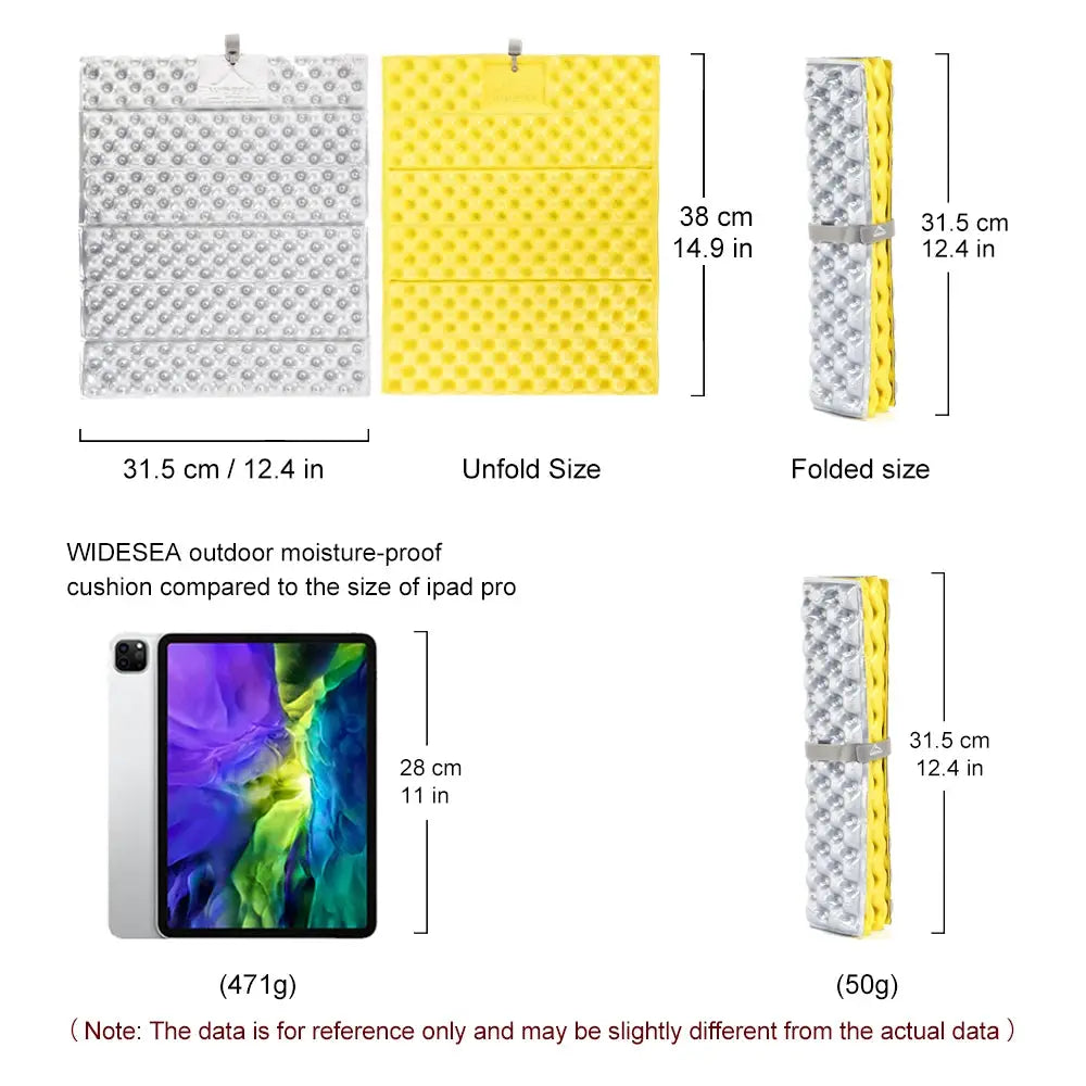 Widesea foldable camping mat pair by Simples Market; XPE foam, waterproof, yellow and silver, folds with strap