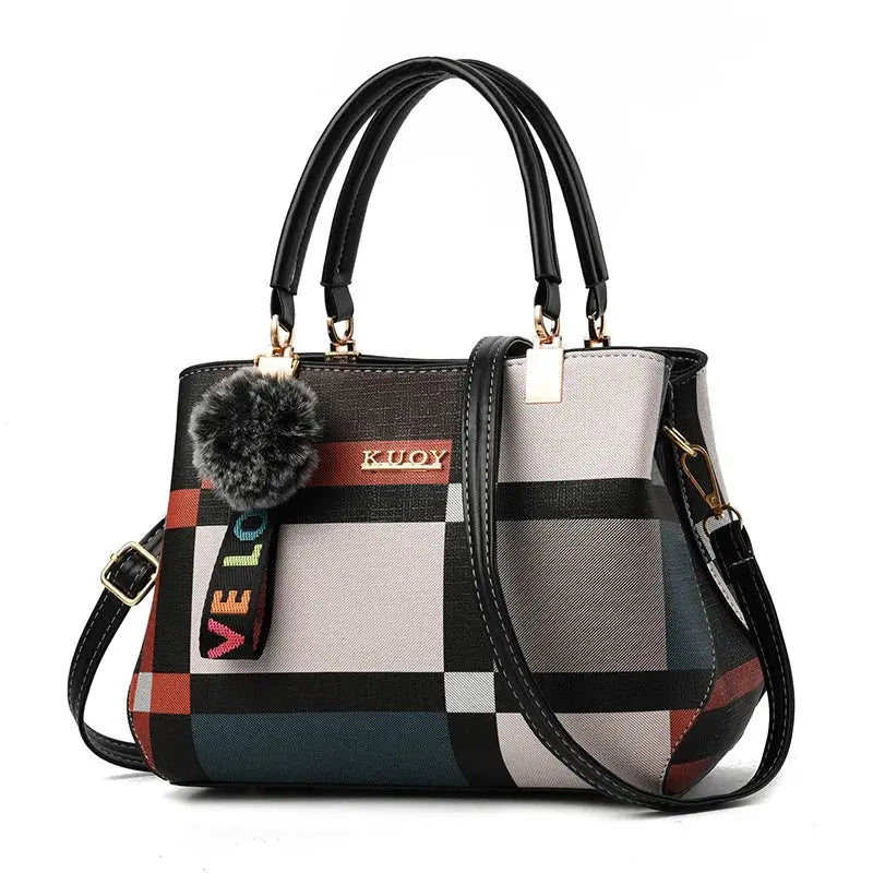 KUOY PU leather handbag with black-gray plaid pattern, two top handles and removable crossbody strap.