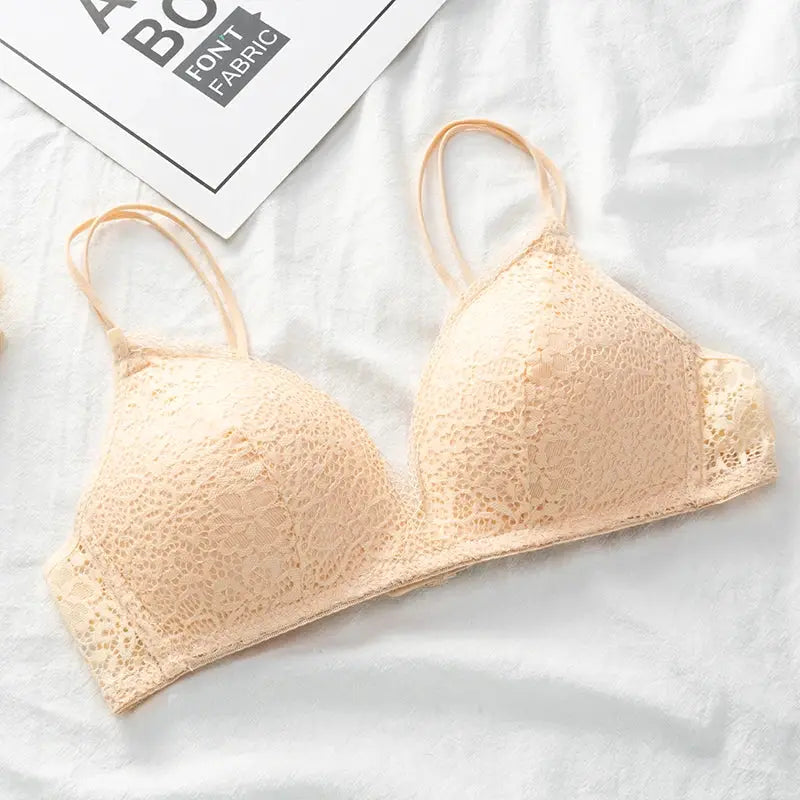 Women lace bralette wireless bra in peach beige floral lace fabric