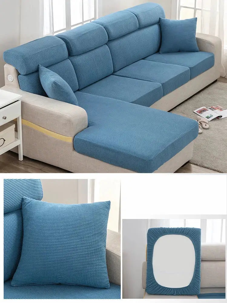 Simples Market blue textured sofa seat cover set for a beige sectional with chaise