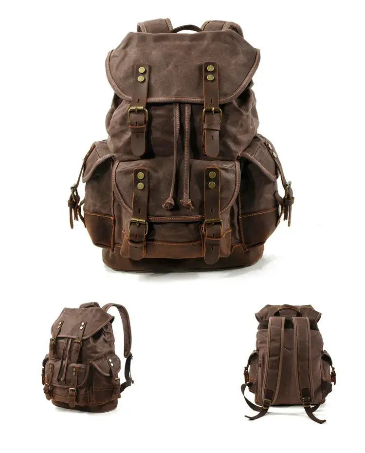 Vintage canvas backpack with leather straps, brown waxed rucksack for travel by Simples Market