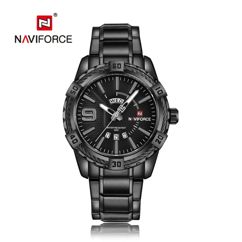 NAVIFORCE men's wristwatch with black stainless steel band, analog quartz, day/date window