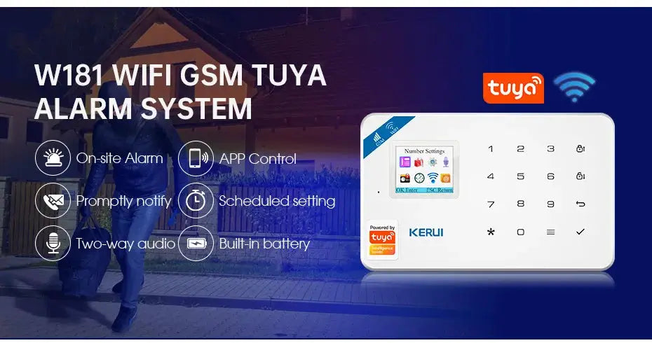 KERUI W184 alarm system unit with Tuya app control on white keypad panel