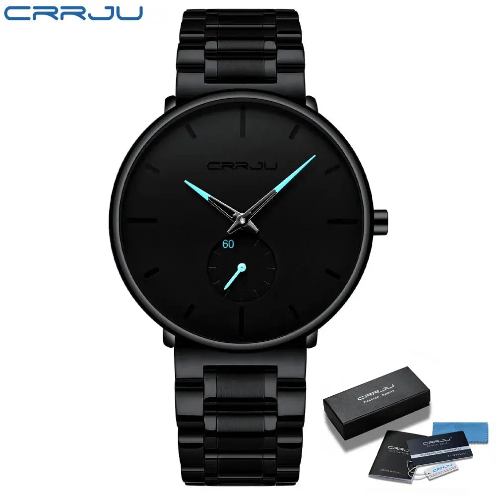 CRRJU men's watch in black stainless steel with blue hands and minimalist dial; box and accessories included