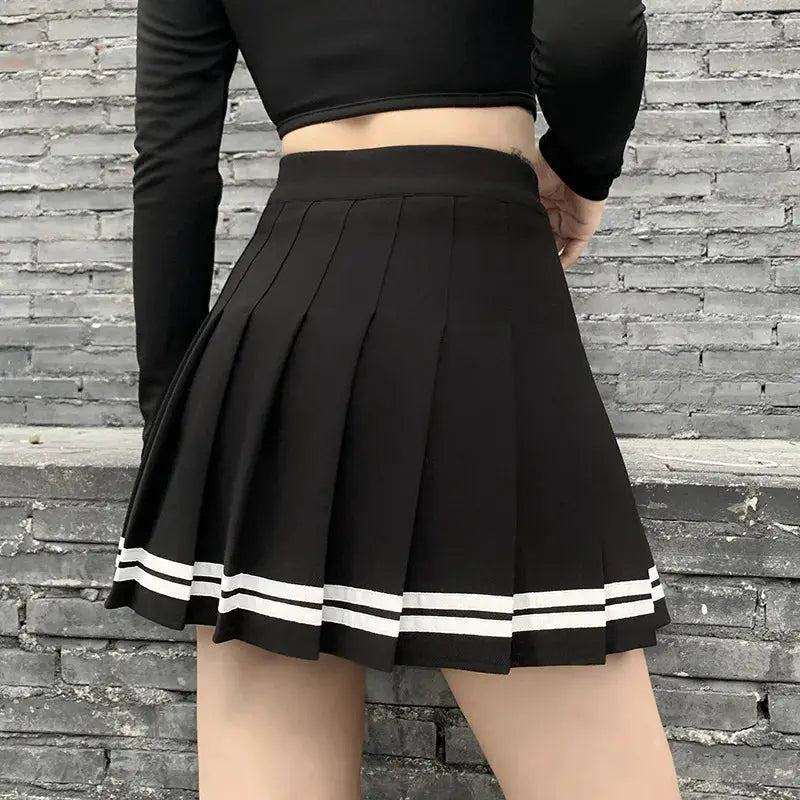 KawaiiGrove Vintage Korean Patchwork Skirt Harajuku Gothic Black Pleated High Waist Mini For Women
