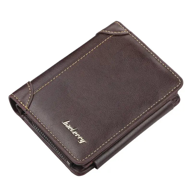 Men's PU leather wallet with zipper, brown with contrast stitching, Simples Market