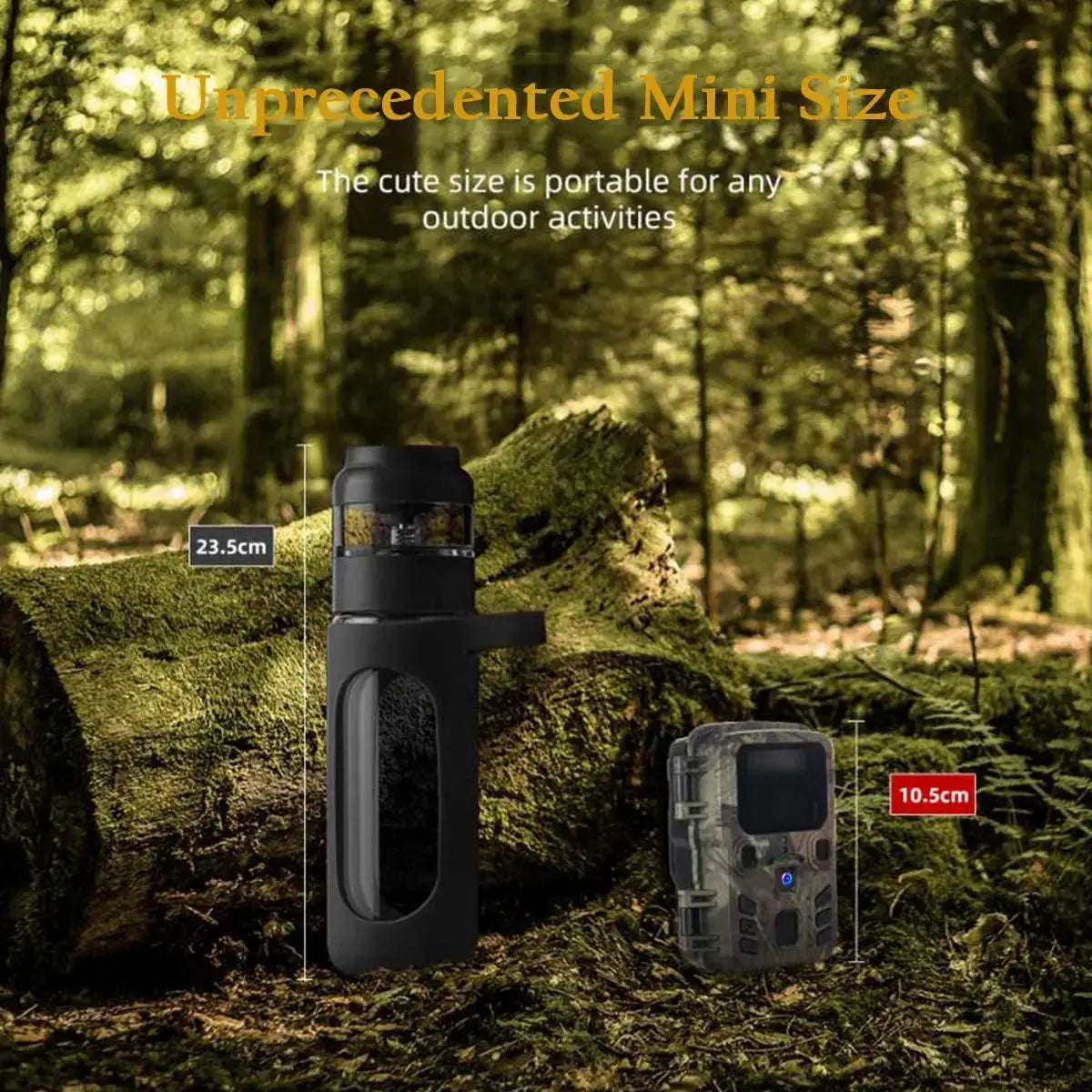 Suntekcam 20MP wireless hunting camera; two trail cams (black main unit and grey Mini301) in a forest, IP65 waterproof