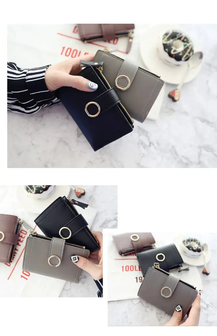 Women's PU zip wallet with a metal ring accent; set of black, gray and beige compact card holders.
