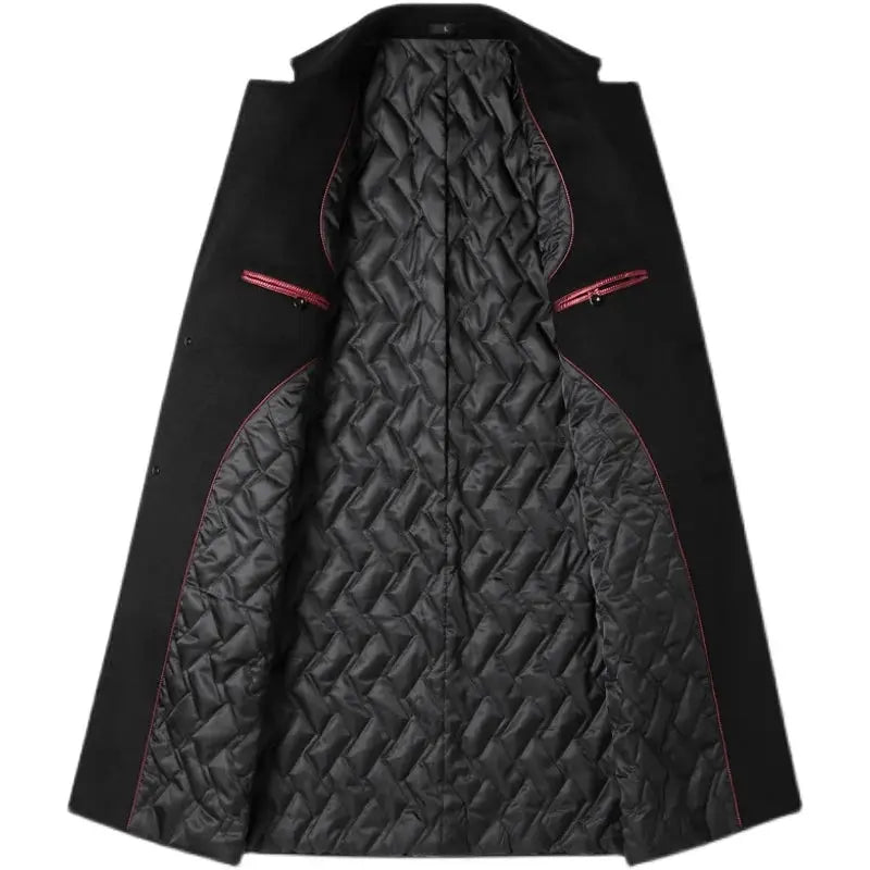Simples Market men's black wool coat, long trench style with red piping and quilted lining.