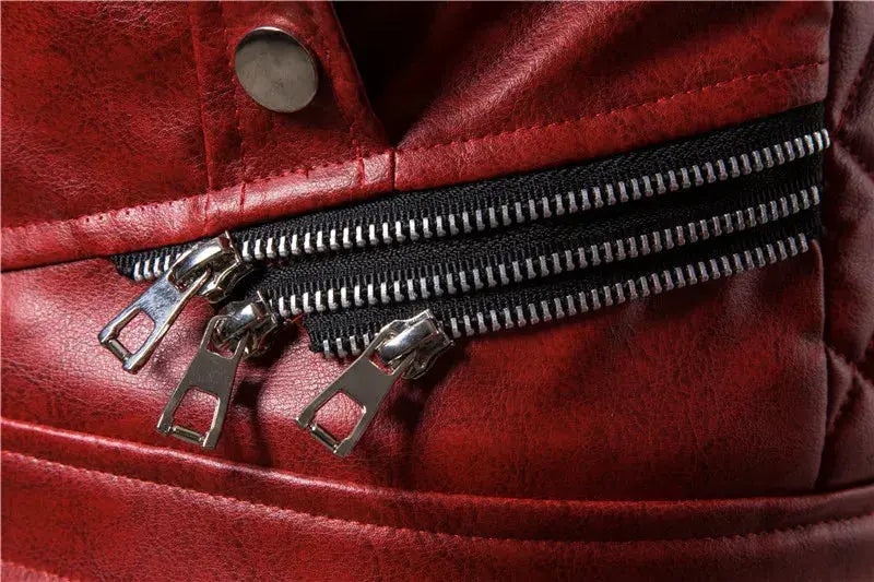 Men's red leather motorcycle jacket by Simples Market with multiple silver zippers
