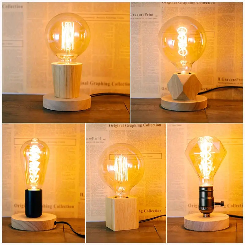 Modern Retro Wood Table Lamp by Simples Market; set of five E27 desk lamps, wooden base, warm amber glow.
