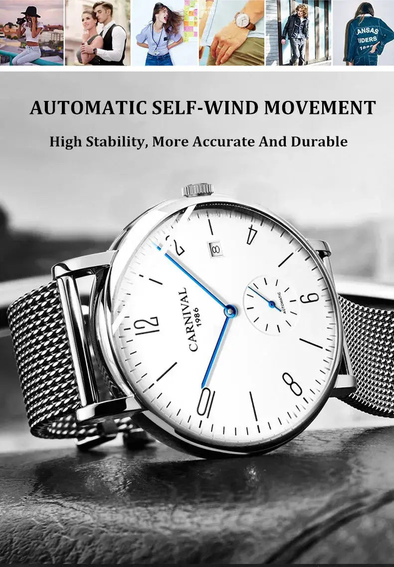 Carnival men's luxury automatic wristwatch with stainless mesh band, white dial and blue hands