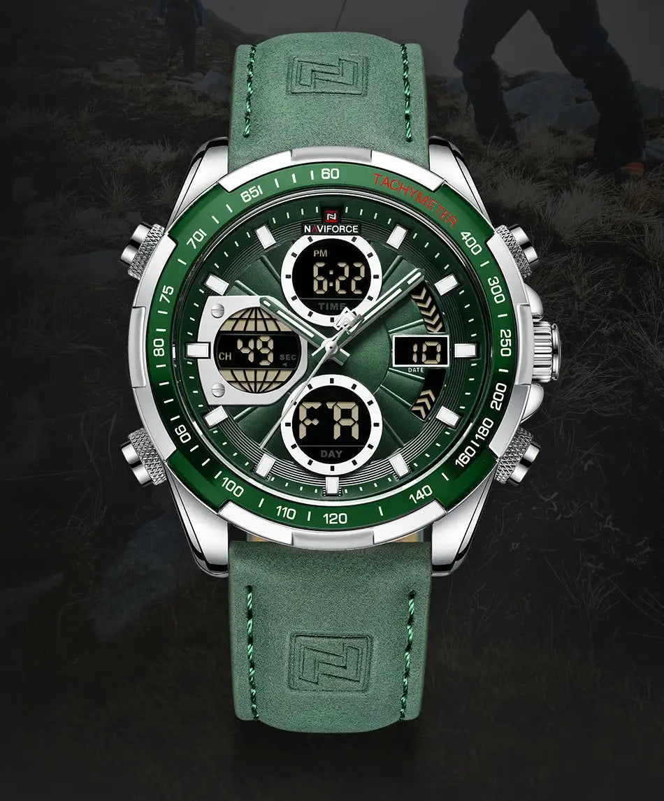 Naviforce men's military chronograph watch with green dial, green strap, stainless steel case and tachymeter bezel