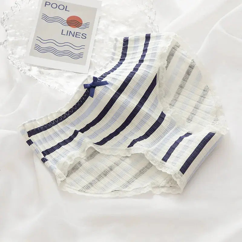 Simples Market cotton women's mid-waist striped panties with lace trim and navy bow