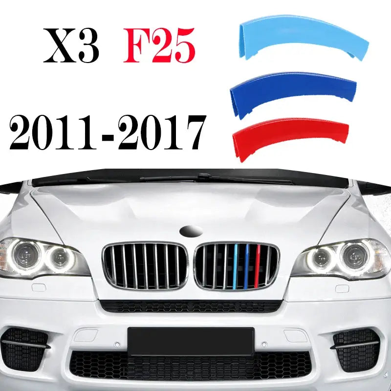 BMW 3Pcs front grille trim strips; blue, dark blue and red; fits Series 1-8 and X models, by Simples Market