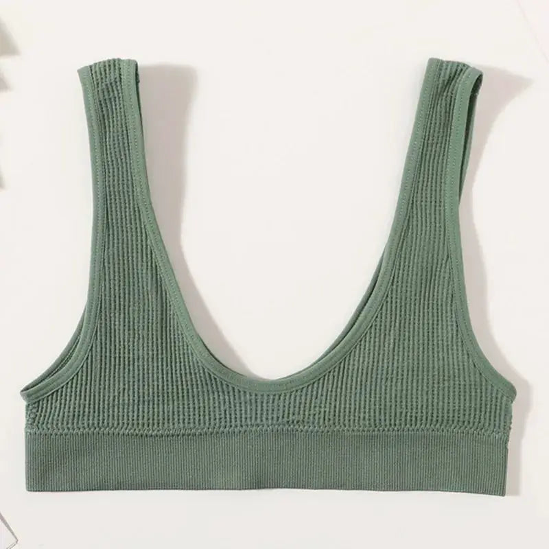 Women's green ribbed seamless bralette crop top, non-wire, deep-U shape.