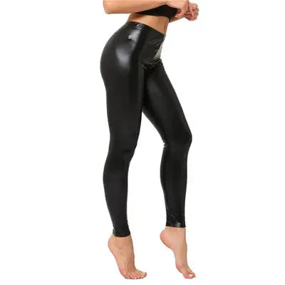 Ladies shiny black laser leather leggings with metallic finish