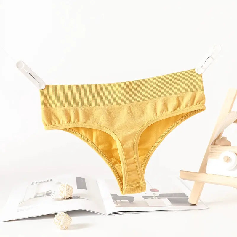 Ribbed thong G-string by Simples Market, high-rise mustard yellow underwear