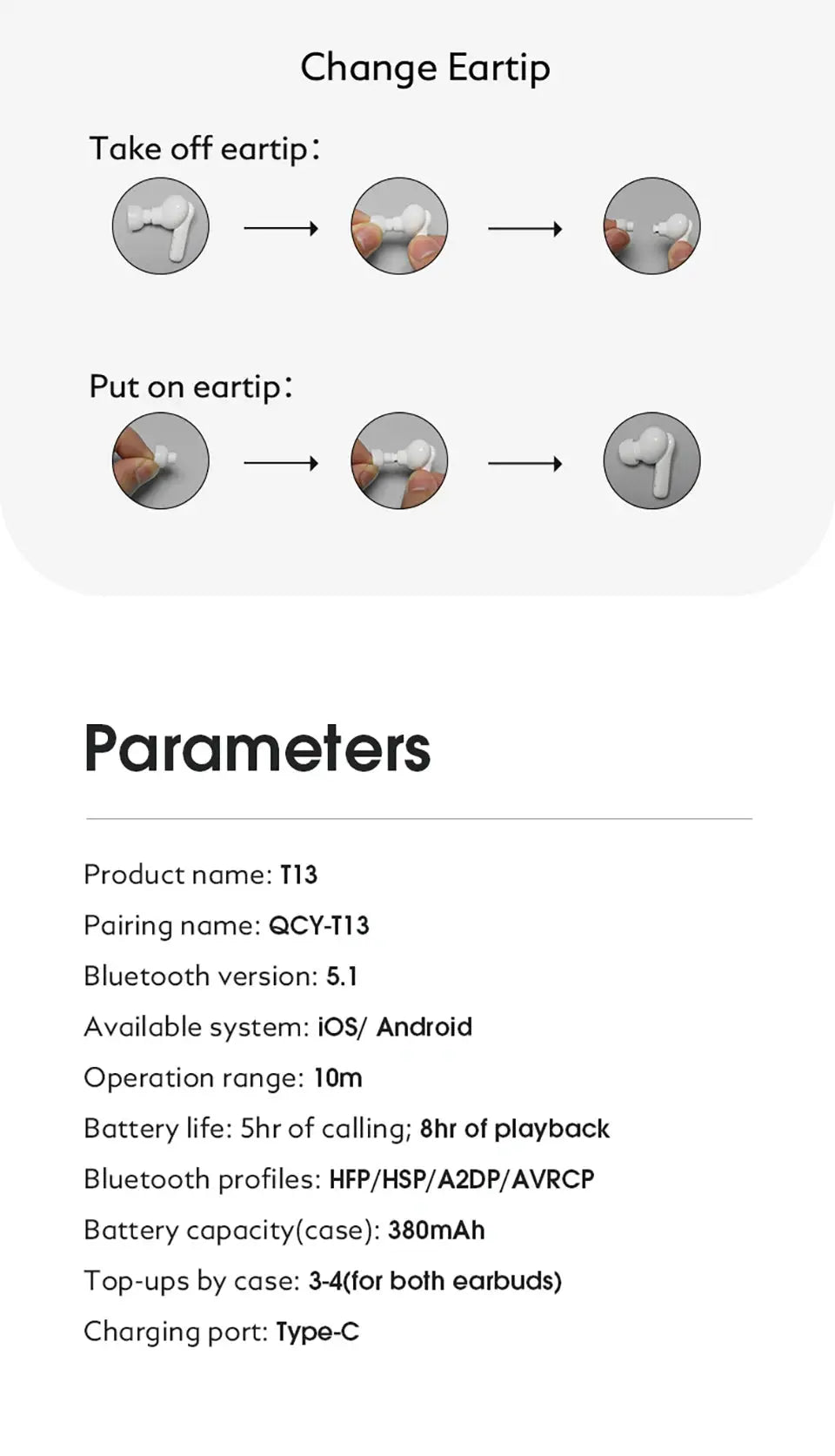 QCY T13 wireless earbuds pair, white, ear-tip change guide illustration