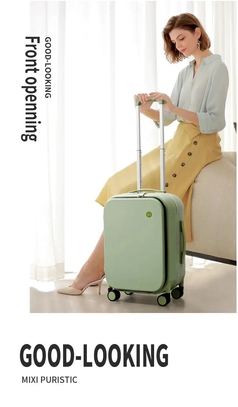 Mixi patent design aluminum-frame carry-on suitcase in mint green with telescoping handle and four spinner wheels.