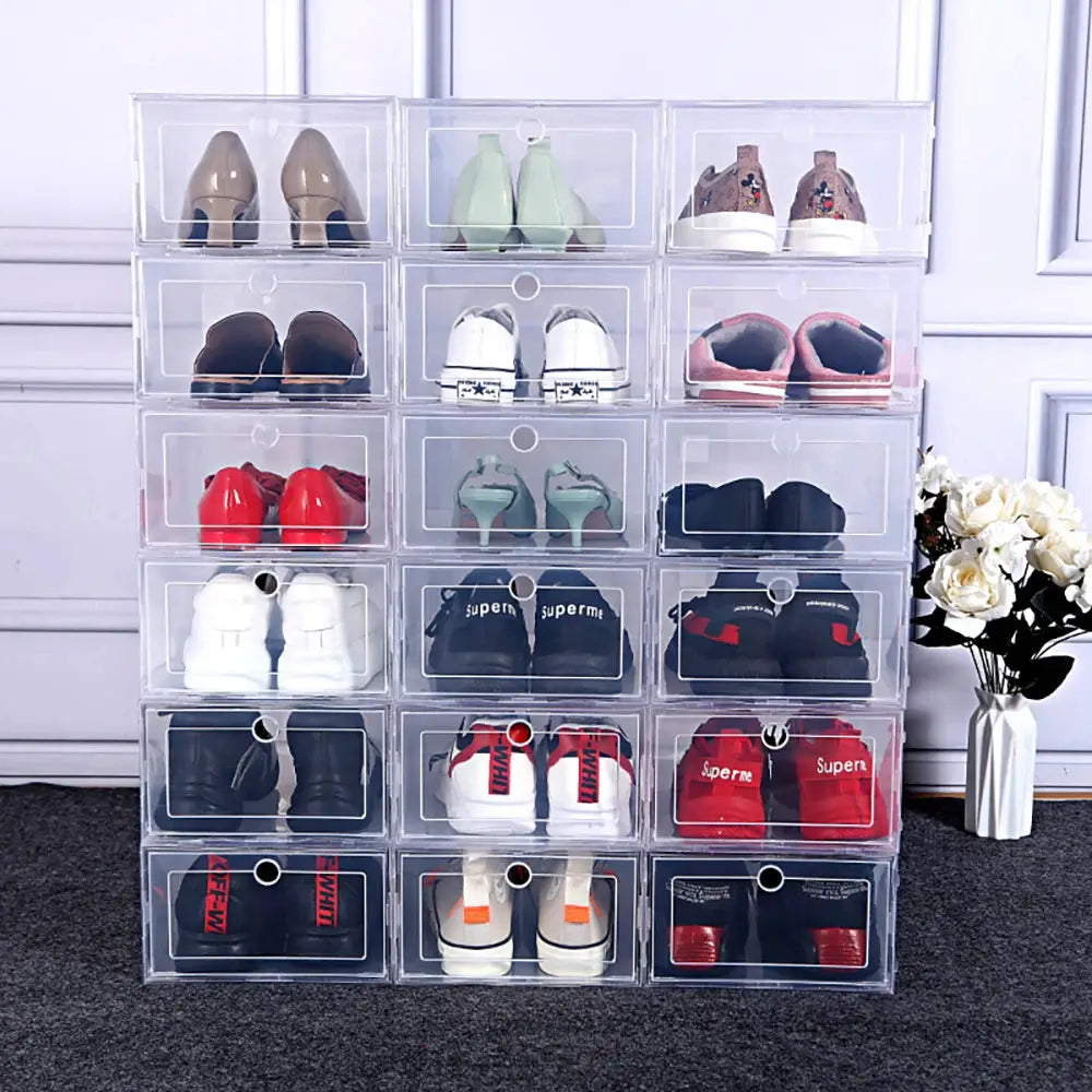 6 Pack Transparent Thickened Foldable Shoe Boxes Dustproof Stackable Storage Organizers For Shoes