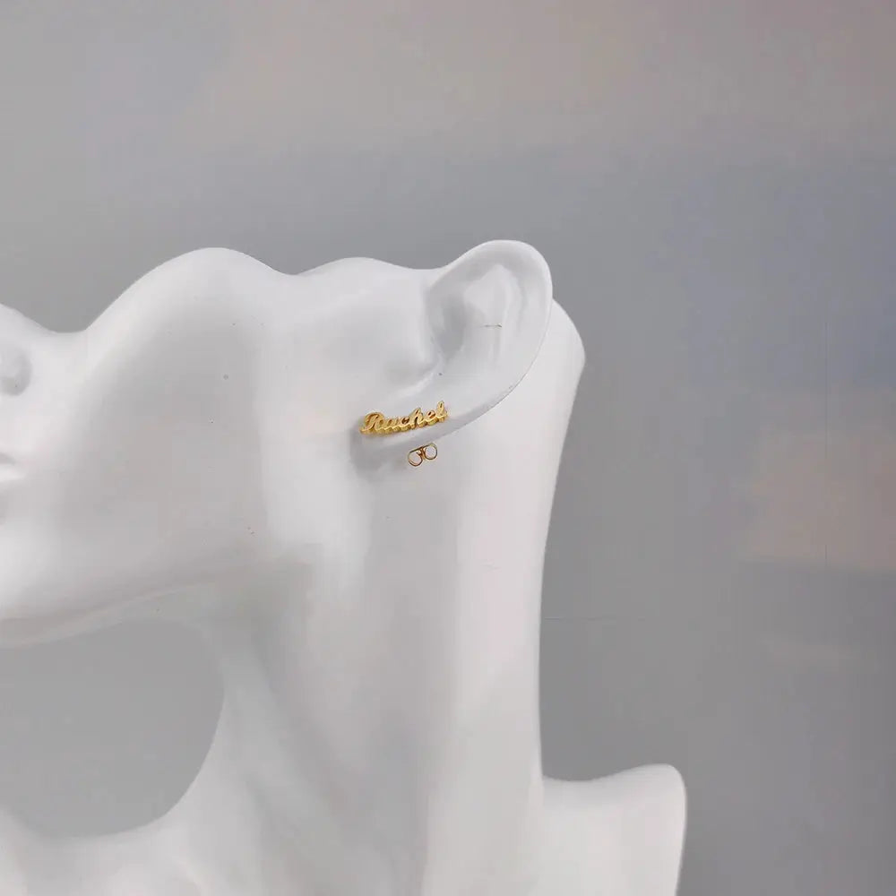 Custom name earrings, gold stainless steel name stud Rachel by Simples Market with butterfly backing.