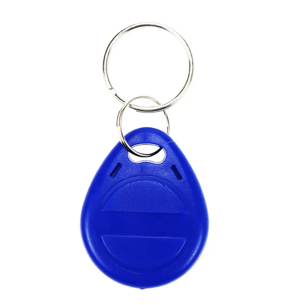 Blue EM4305 125kHz rewritable keyfob with metal ring.