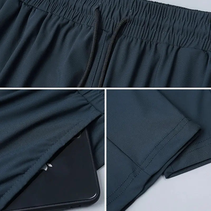 Men's navy elastic waistband running pants with drawstring and phone pocket