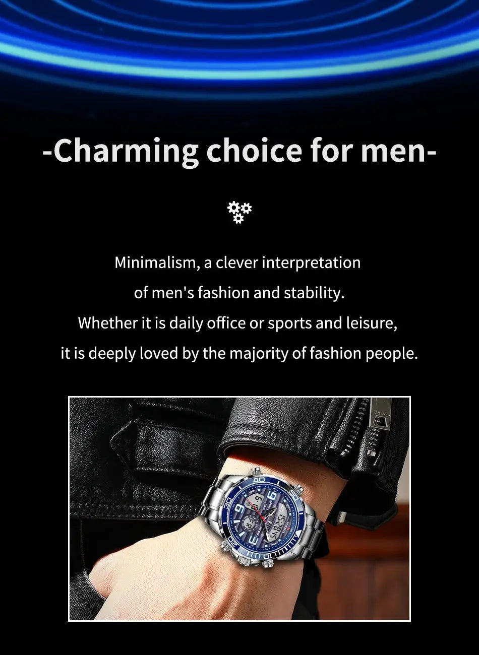Men's LIGE Foxbox digital sport watch, stainless steel with blue bezel on a wrist