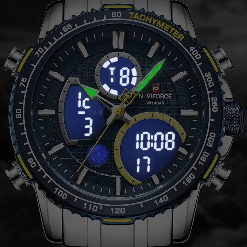 Naviforce men's sport chronograph watch with blue dial, LCD digital subdials, and stainless steel band