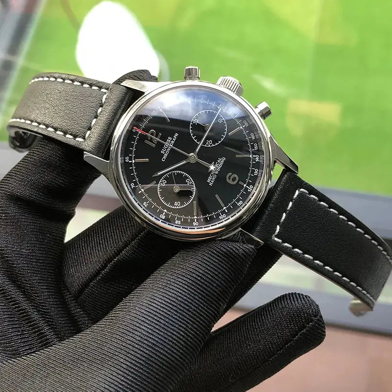 Sugess 1963 Pilot watch, mechanical chronograph panda with black dial and black leather strap