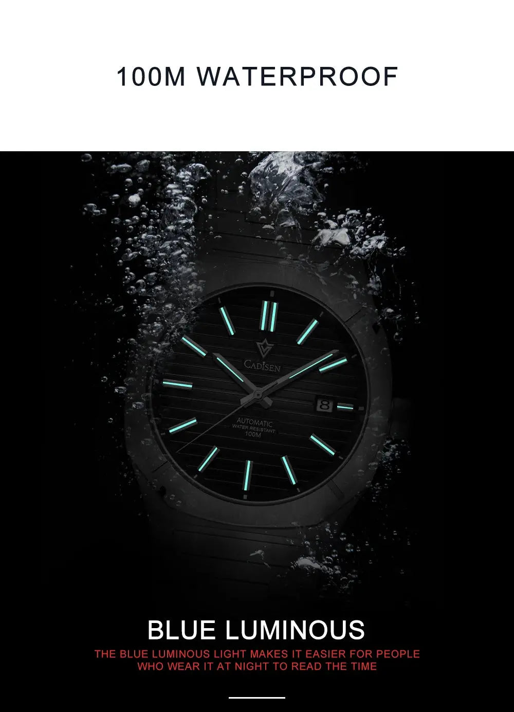 CADISEN Diver Watch with blue luminous markers and hands, automatic, 100m water resistant, Simples Market