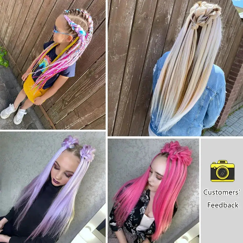Miss Rola synthetic Kanekalon jumbo braid extensions in pink, blonde, purple and blue shades, 30in Yaki straight.