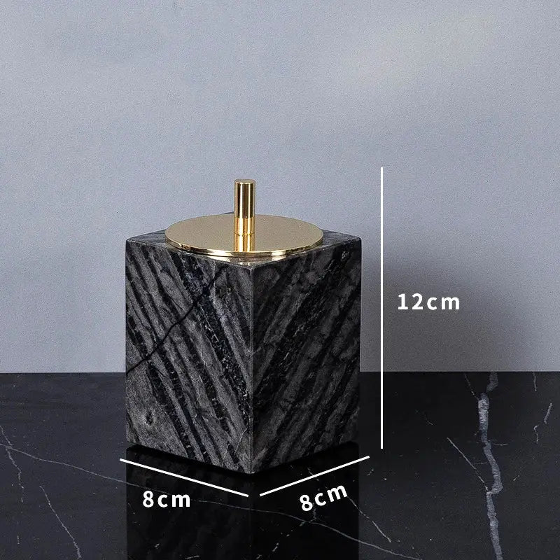 Square black marble soap dispenser with gold pump, 8x8x12 cm, retro bathroom accessory
