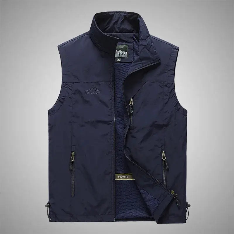 Men's navy waistcoat vest with zip pockets and mesh lining, Outdoor logo
