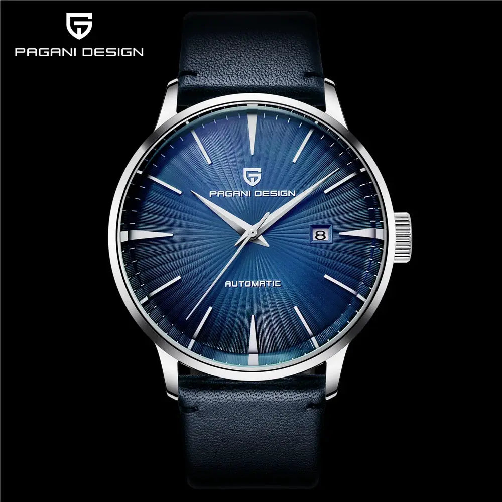 Pagani Design men's automatic wristwatch with blue sunburst dial, stainless steel case, blue leather strap