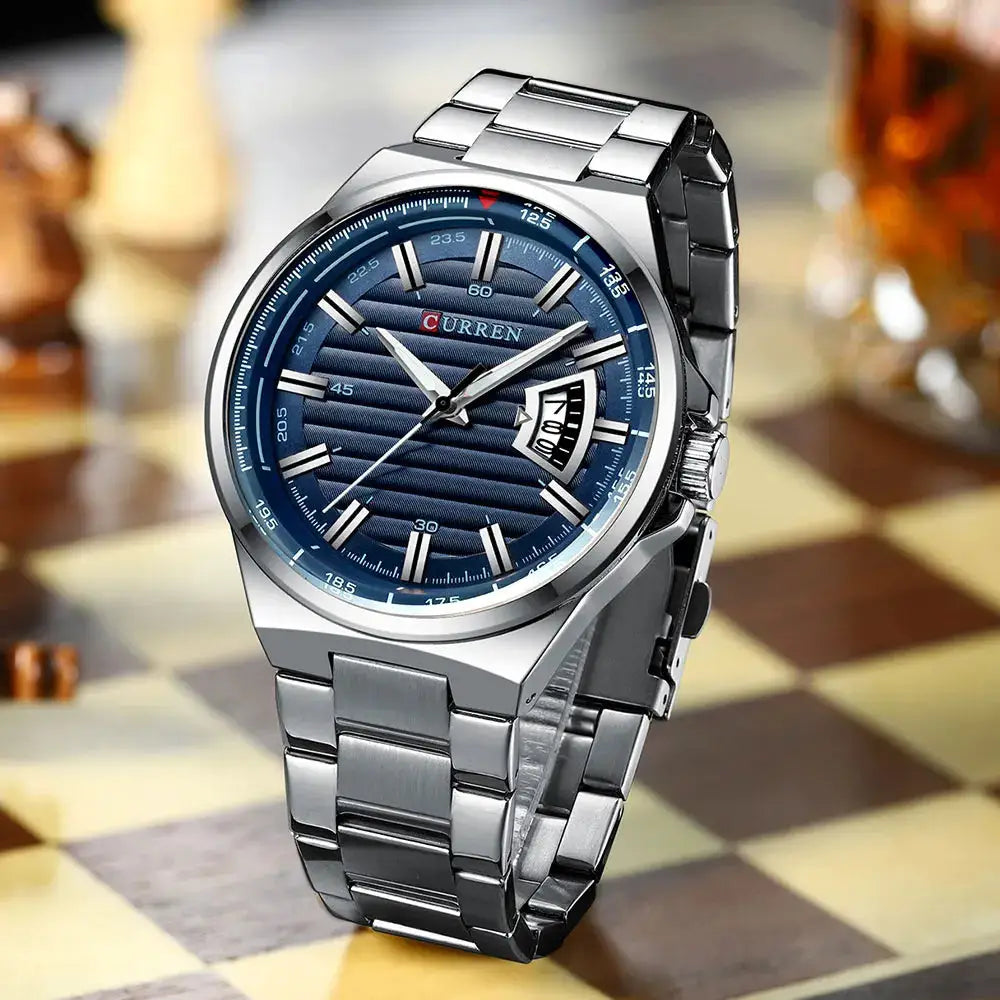 Curren men's luxury watch with stainless steel band, blue dial, auto date