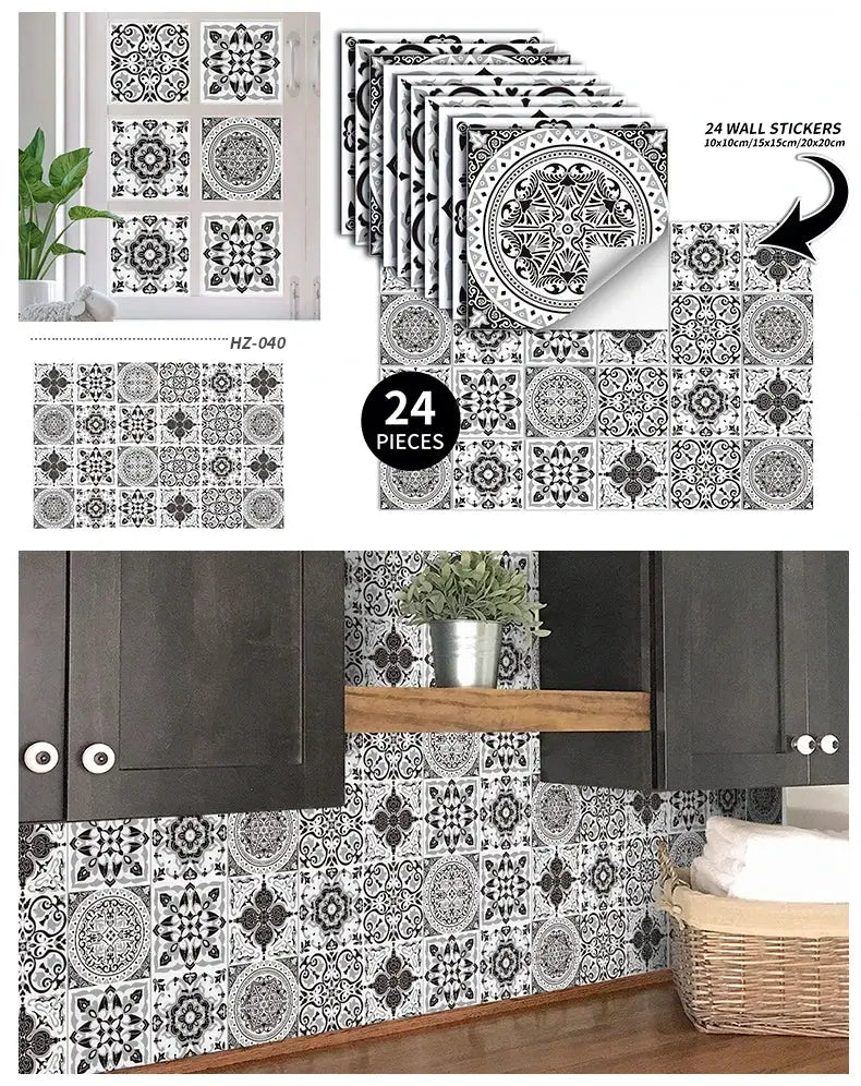 24-piece black and white tile wall sticker set for kitchen and bathroom; waterproof self-adhesive decals by Simples Market
