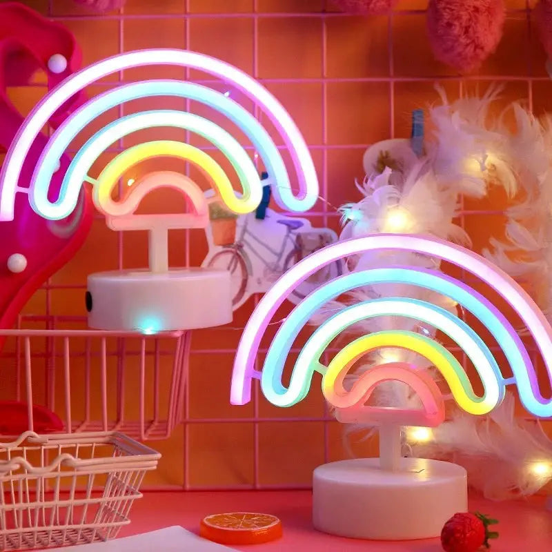 Neon rainbow LED lamps pair on white bases; USB powered multicolor decor lights for kid rooms.