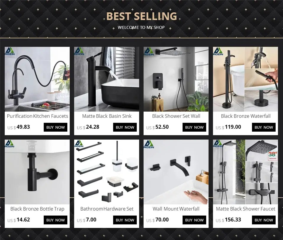 Rozin kitchen and bathroom fixtures grid featuring black matte and bronze faucets, basins, showers, and hardware