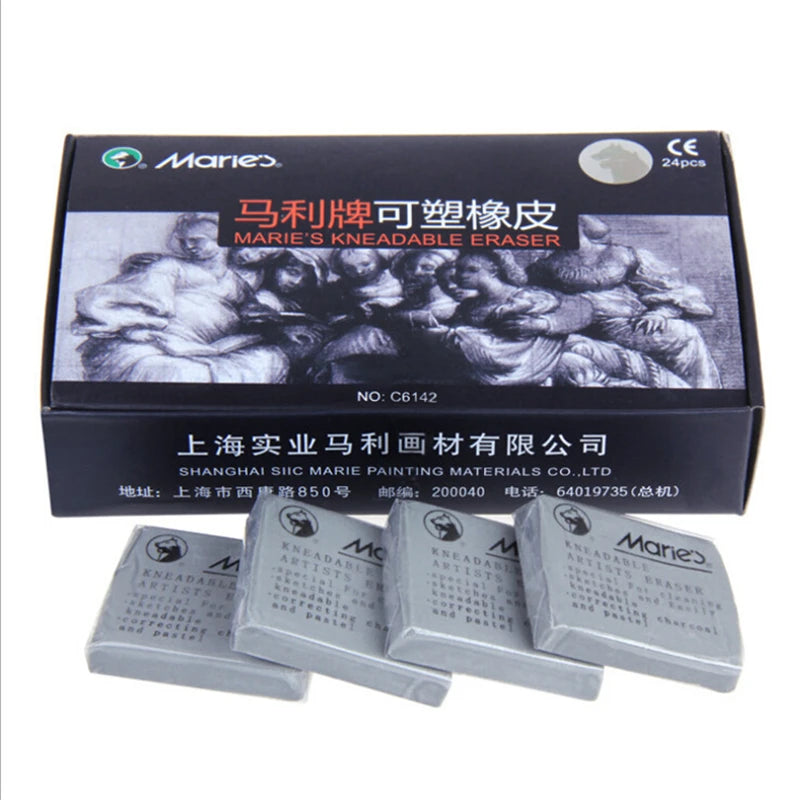 Marie's kneadable erasers, 4-pack in silver-wrapped blocks on a dark branded box