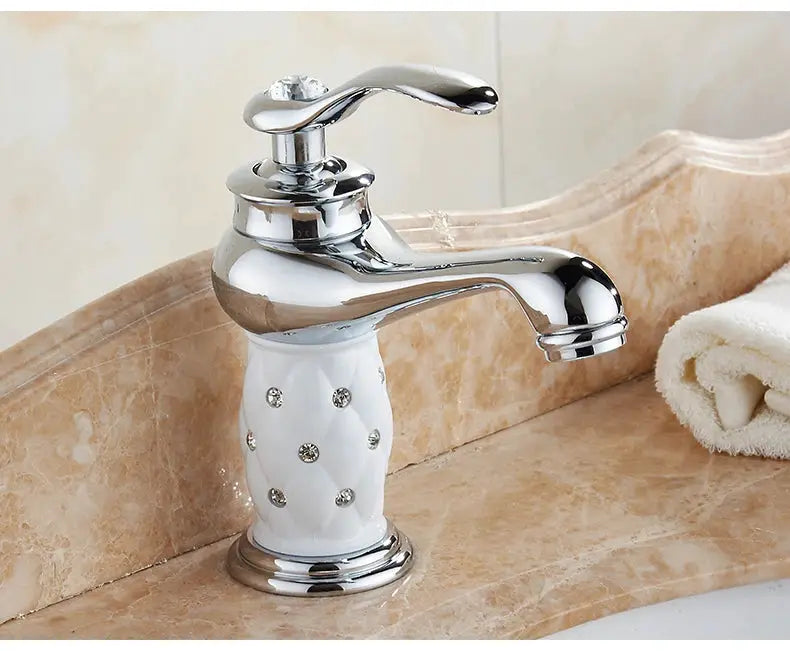 Bathroom faucet chrome finish with white ceramic pedestal and crystal accents; single-handle basin mixer Simples Market.