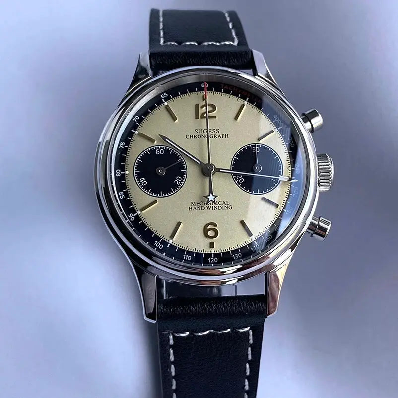 Sugess 1963 Pilot chronograph watch with panda dial, stainless steel case, black leather strap