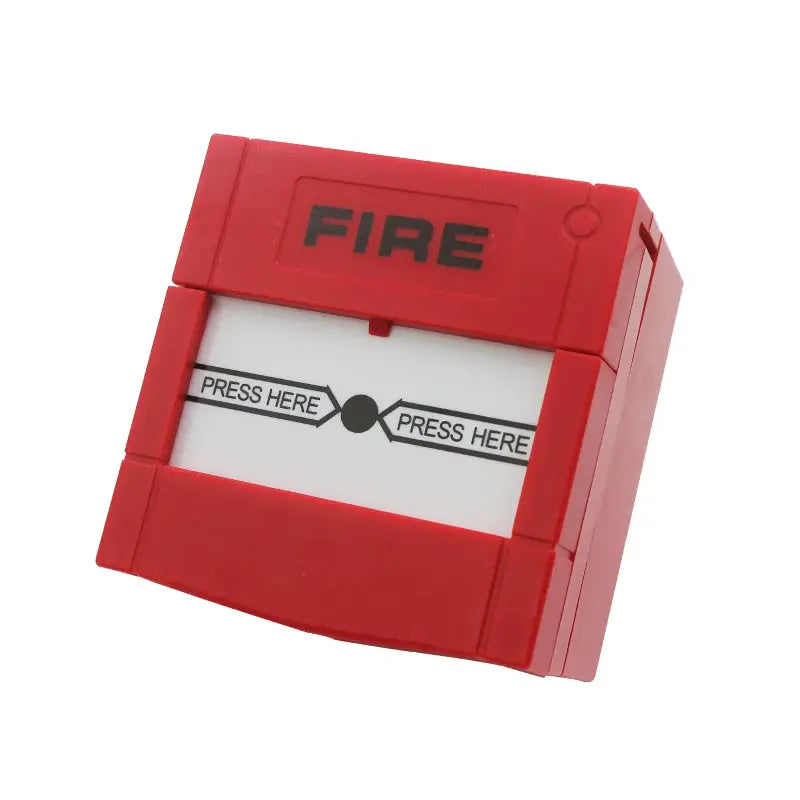Red fire emergency release alarm switch with cover and press here panel