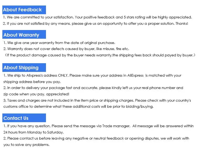 Customer support page with blue section headings: About Feedback, About Warranty, About Shipping, Contact Us.