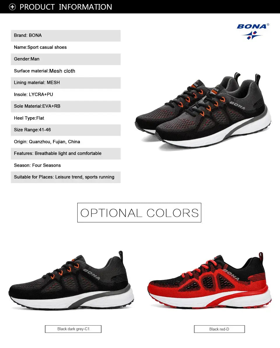 BONA sneakers for men, black mesh running shoes with orange laces and white sole; two color options.