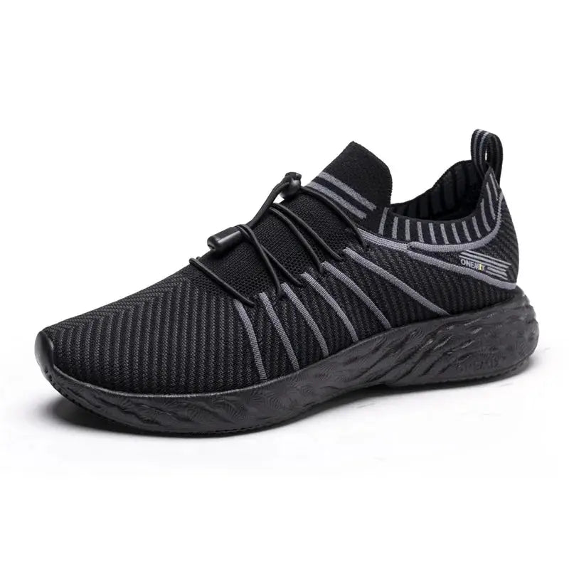 ONEMIX black waterproof men's running shoe with breathable knit upper, elastic lacing, and anti-slip tread sole
